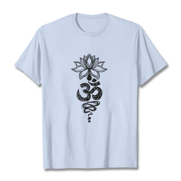 Camiseta de algodón con estampado de flor de loto en sánscrito y Buddha Stones para meditación - Cian claro - 2XL - image 19