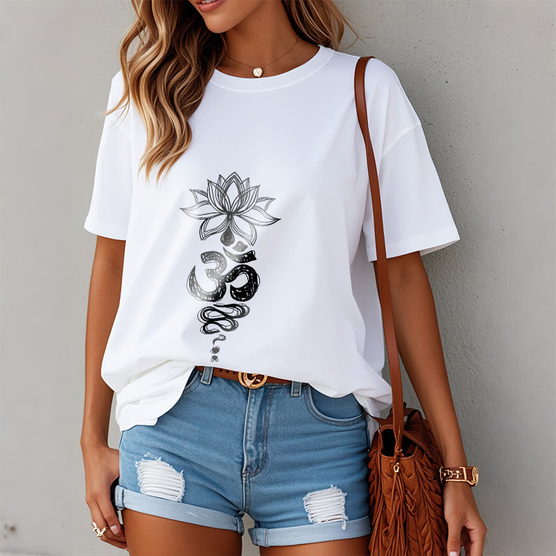 Camiseta de algodón con estampado de flor de loto en sánscrito y Buddha Stones para meditación - image 9