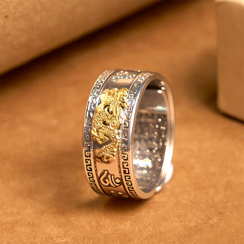 Anillo de cobre con Buddha Stones y diseño de dragón y sutra del corazón - Borde con patrón de Gran Muralla (ajustable) - image 1