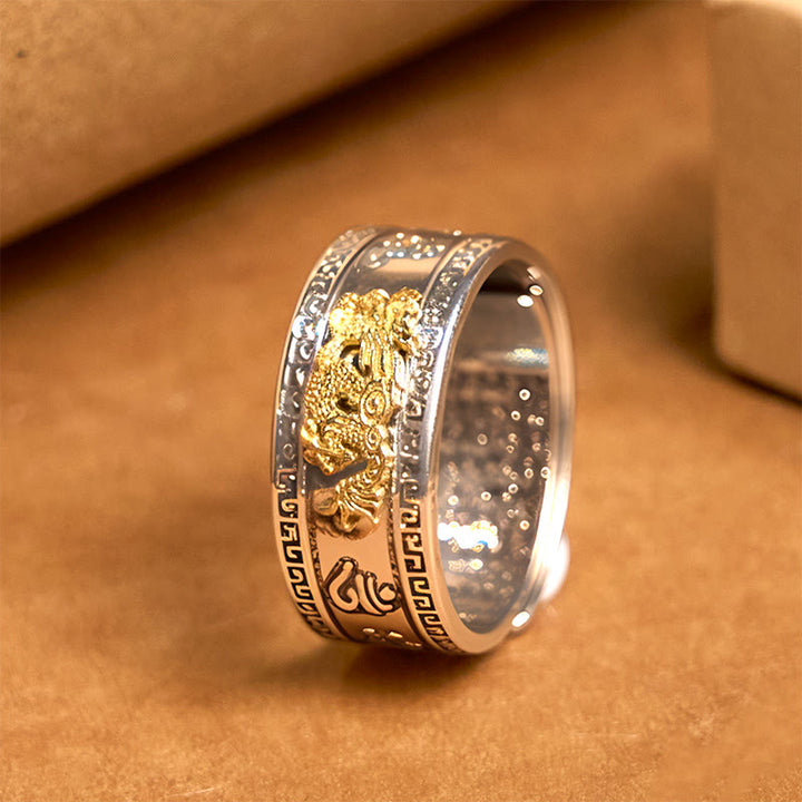 Anillo de cobre con Buddha Stones y diseño de dragón y sutra del corazón - Borde con patrón de Gran Muralla (ajustable) - image 1