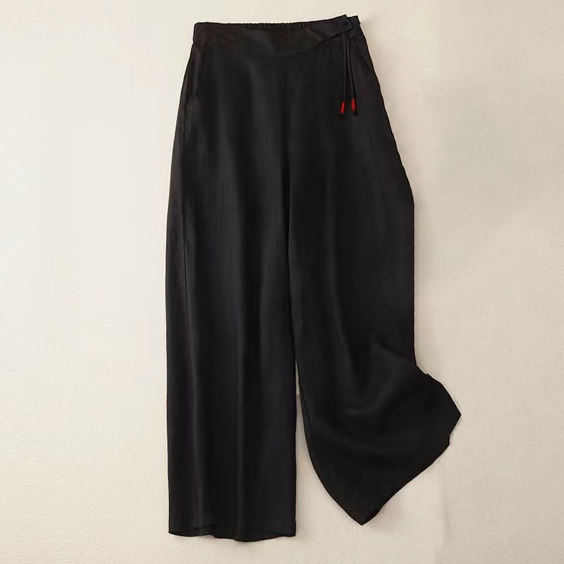 Pantalones casuales de algodón con un botón y pernera ancha para mujer, de Buddha Stones, con bolsillos y diseño de color liso - Negro - US12, UK/AU16, EU44 (3XL) - image 6