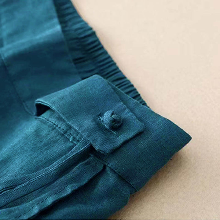 Pantalones casuales de algodón con un botón y pernera ancha para mujer, de Buddha Stones, con bolsillos y diseño de color liso - image 27