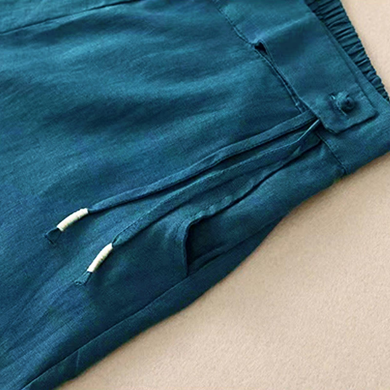 Pantalones casuales de algodón con un botón y pernera ancha para mujer, de Buddha Stones, con bolsillos y diseño de color liso - image 29