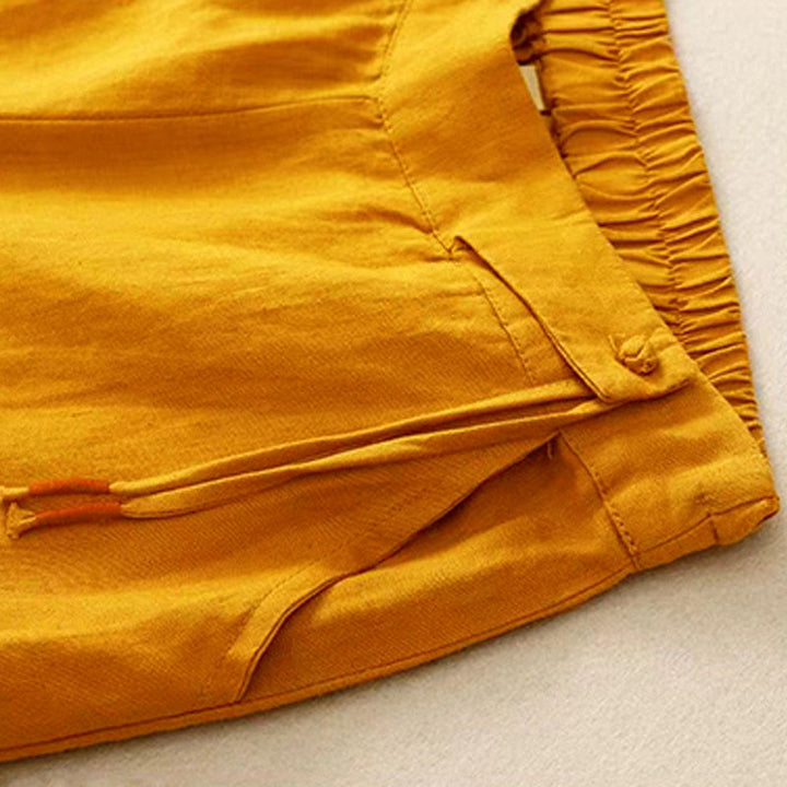 Pantalones casuales de algodón con un botón y pernera ancha para mujer, de Buddha Stones, con bolsillos y diseño de color liso - image 3