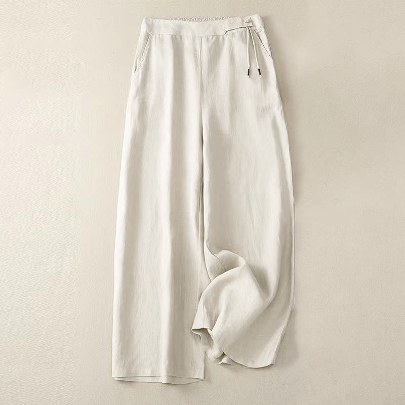 Pantalones casuales de algodón con un botón y pernera ancha para mujer, de Buddha Stones, con bolsillos y diseño de color liso - Beige - US12, UK/AU16, EU44 (3XL) - image 12