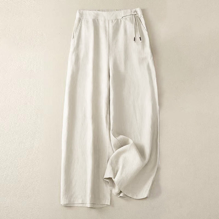 Pantalones casuales de algodón con un botón y pernera ancha para mujer, de Buddha Stones, con bolsillos y diseño de color liso - Beige - US12, UK/AU16, EU44 (3XL) - image 12