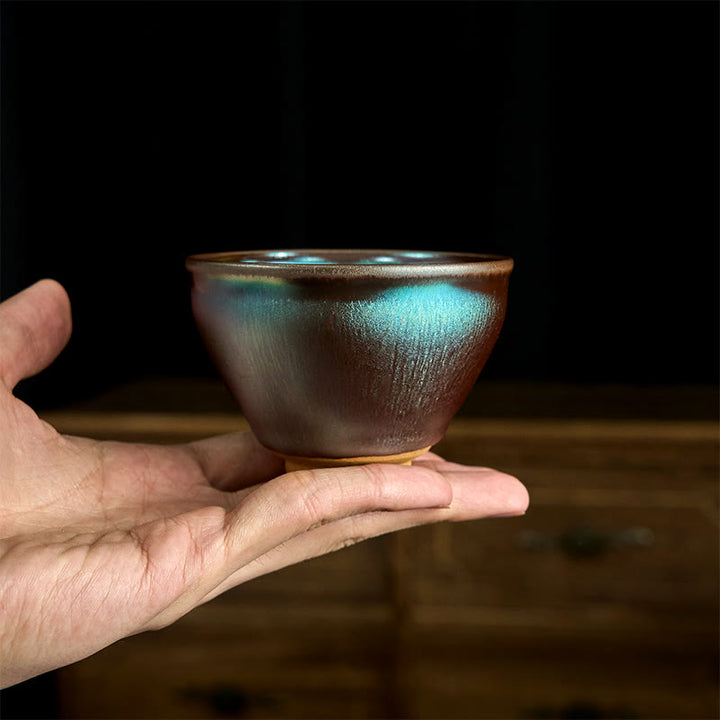 Taza de té de cerámica azul y púrpura con diseño de flor de loto Jianzhan china hecha a mano con Buddha Stones , taza de té Kung Fu de 150 ml - image 6