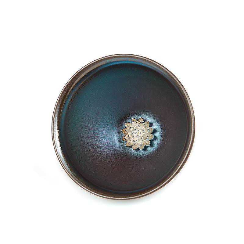 Taza de té de cerámica azul y púrpura con diseño de flor de loto Jianzhan china hecha a mano con Buddha Stones , taza de té Kung Fu de 150 ml - image 8