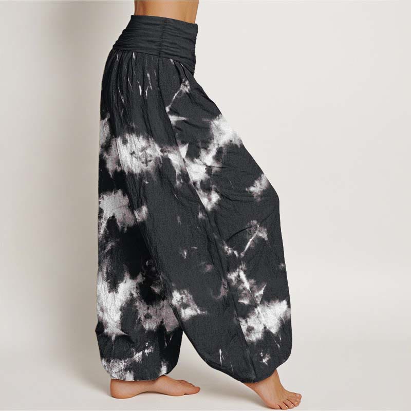 Pantalones Buddha Stones de algodón puro con estampado tie-dye de líneas blancas y lunares para mujer, con cintura elástica - image 2
