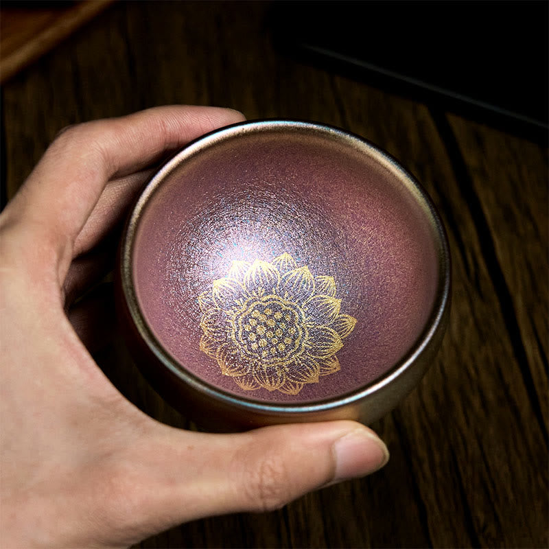 Taza de té de cerámica con diseño de flor de loto dorada Jianzhan china hecha a mano con Buddha Stones , taza de té Kung Fu de 150 ml - image 4