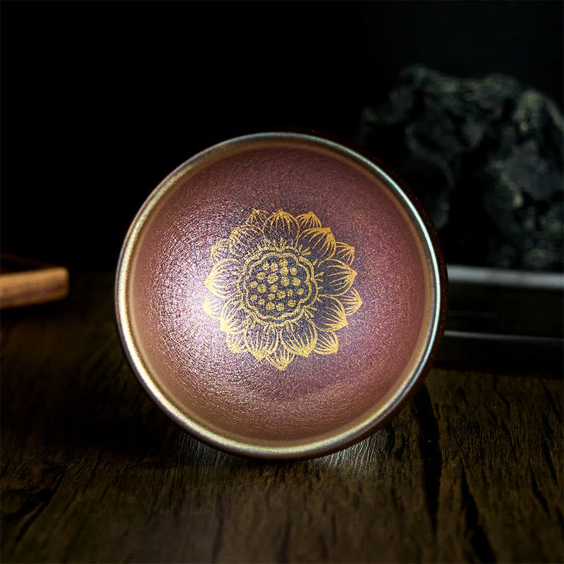 Taza de té de cerámica con diseño de flor de loto dorada Jianzhan china hecha a mano con Buddha Stones , taza de té Kung Fu de 150 ml - 9 cm x 150 ml - image 1