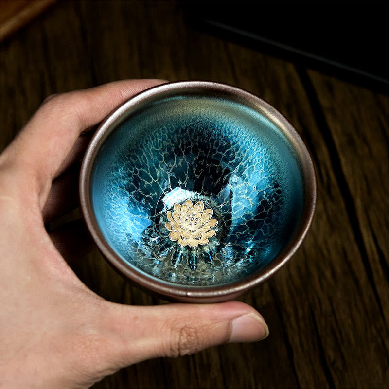 Taza de té de cerámica azul de loto Jianzhan china hecha a mano con Buddha Stones , taza de té de kung fu de 150 ml - image 4