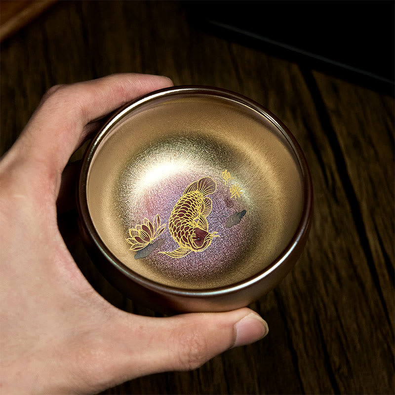 Taza de té de cerámica con diseño de pez koi y hojas de loto de Jianzhan, hecha a mano, de Buddha Stones, de Kung Fu, 150 ml - image 3