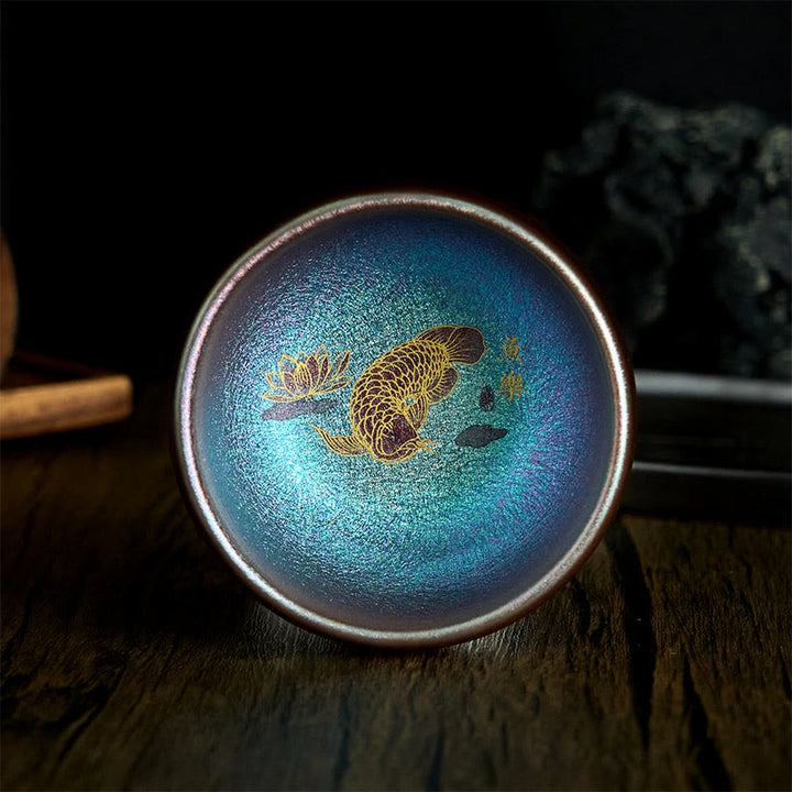 Taza de té de cerámica con diseño de pez koi y hojas de loto de Jianzhan, hecha a mano, de Buddha Stones, de Kung Fu, 150 ml - Pez Koi Azul Dorado 8,8 cm x 5,5 cm x 150 ml - Sin caja de regalo - image 11