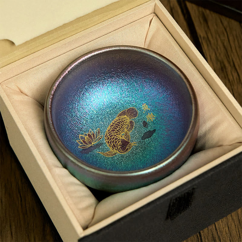 Taza de té de cerámica con diseño de pez koi y hojas de loto de Jianzhan, hecha a mano, de Buddha Stones, de Kung Fu, 150 ml - Pez Koi Azul Dorado 8,8 cm x 5,5 cm x 150 ml - Caja de regalo - image 15