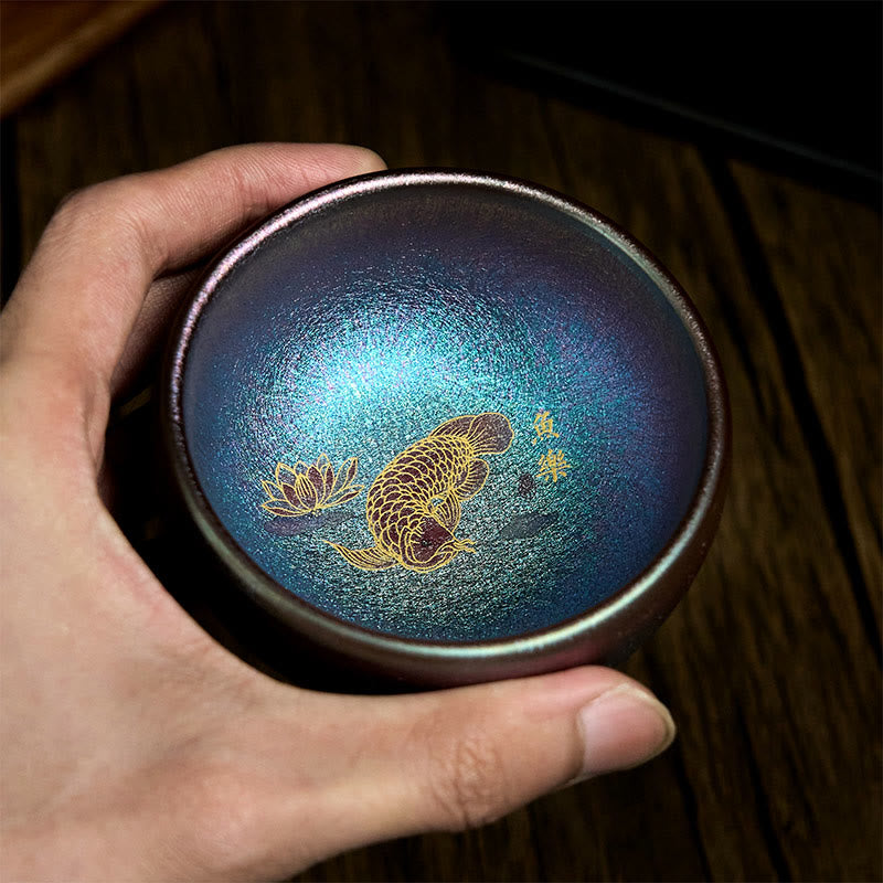 Taza de té de cerámica con diseño de pez koi y hojas de loto de Jianzhan, hecha a mano, de Buddha Stones, de Kung Fu, 150 ml - image 13