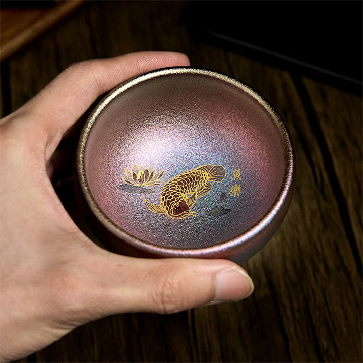 Taza de té de cerámica con diseño de pez koi y hojas de loto de Jianzhan, hecha a mano, de Buddha Stones, de Kung Fu, 150 ml - image 22