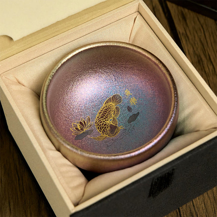 Taza de té de cerámica con diseño de pez koi y hojas de loto de Jianzhan, hecha a mano, de Buddha Stones, de Kung Fu, 150 ml - Pez koi morado dorado 8,8 cm x 5,5 cm x 150 ml - Caja de regalo - image 24