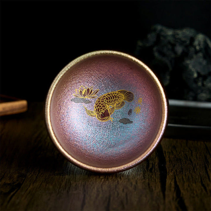 Taza de té de cerámica con diseño de pez koi y hojas de loto de Jianzhan, hecha a mano, de Buddha Stones, de Kung Fu, 150 ml - Pez koi morado dorado 8,8 cm x 5,5 cm x 150 ml - Sin caja de regalo - image 20