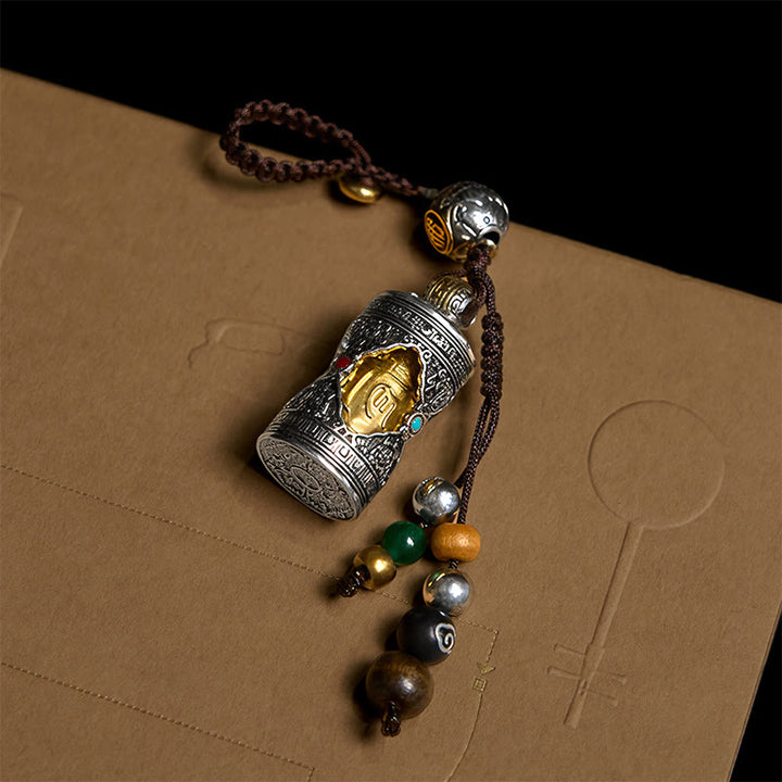 Llavero de la suerte con Buddha Stones, Om Mani Padme Hum Ghau, caja de oración de plata bañada en cobre - image 3