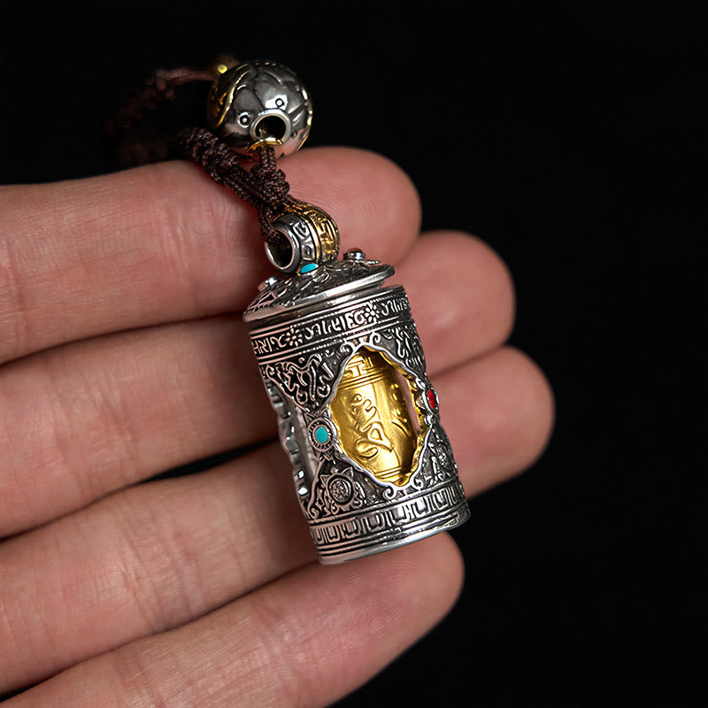 Llavero de la suerte con Buddha Stones, Om Mani Padme Hum Ghau, caja de oración de plata bañada en cobre - image 4