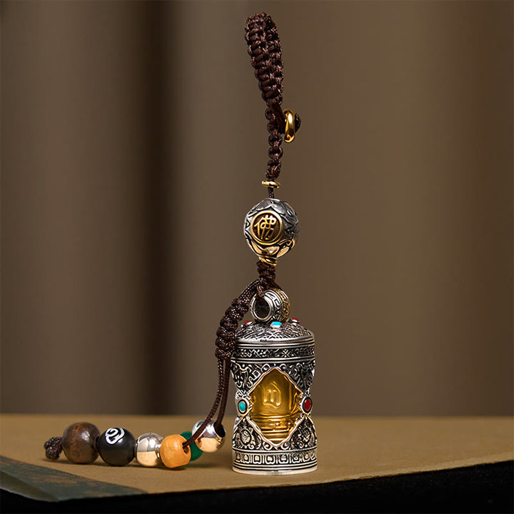 Llavero de la suerte con Buddha Stones, Om Mani Padme Hum Ghau, caja de oración de plata bañada en cobre - image 2