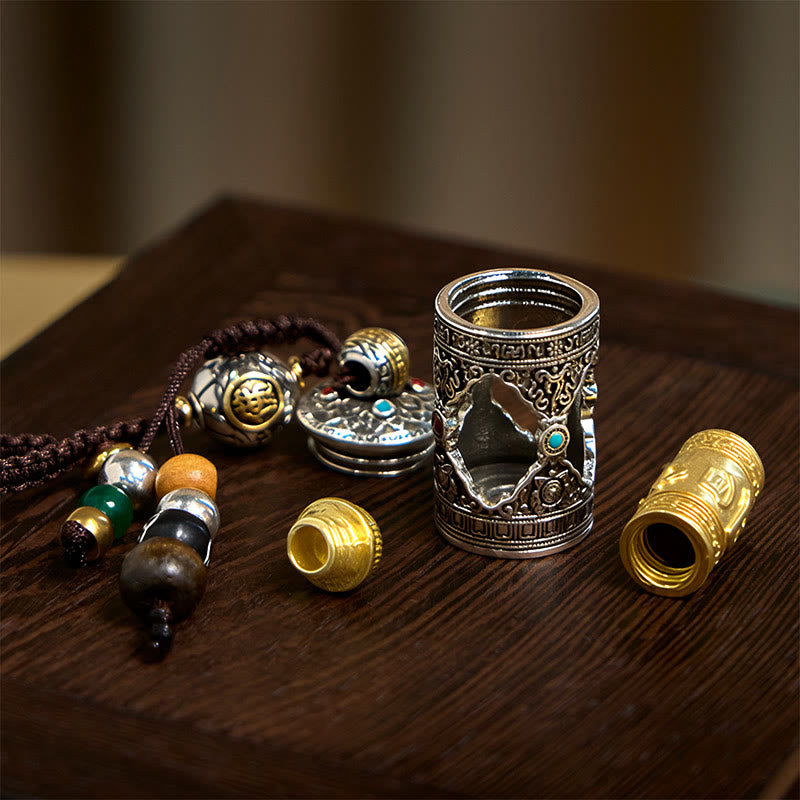 Llavero de la suerte con Buddha Stones, Om Mani Padme Hum Ghau, caja de oración de plata bañada en cobre - image 8