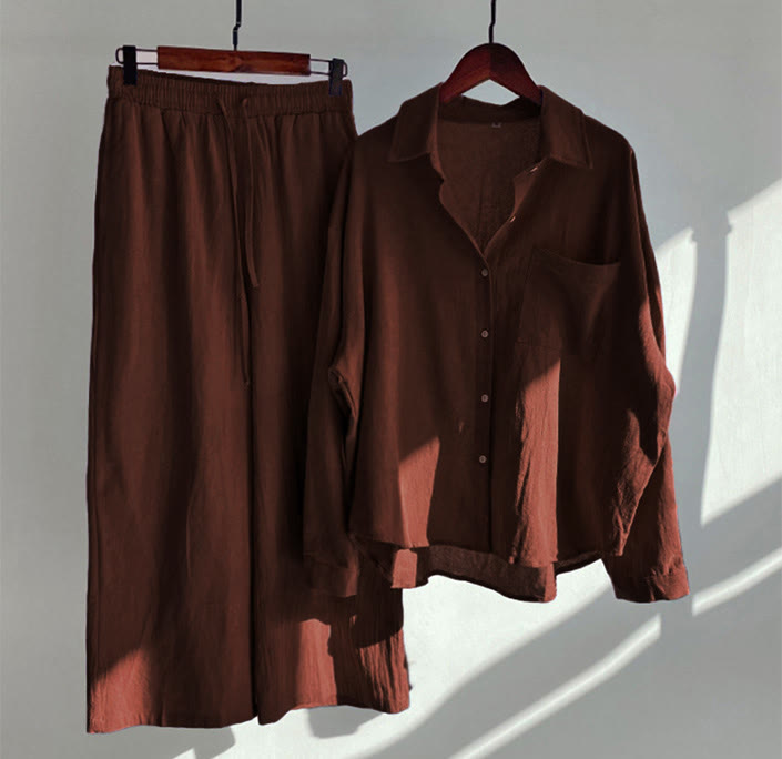 Conjunto de 2 piezas de camisa de manga larga con bolsillos y pantalones con cordón para meditación, de algodón y lino, con Buddha Stones , para mujer - Ladrillo refractario - US18, UK/AU22, EU50 (5XL) - image 36