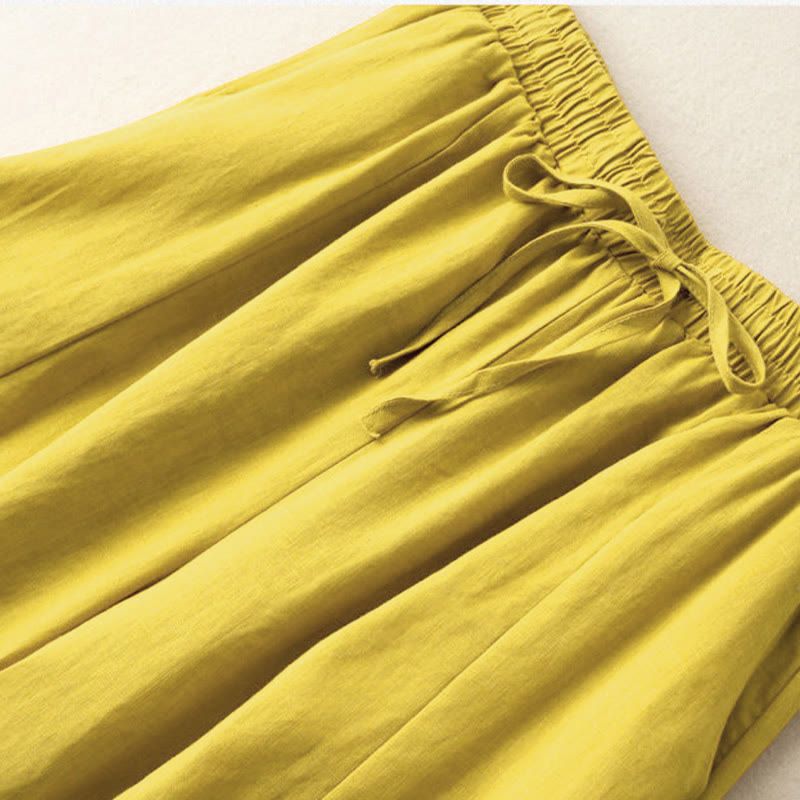 Pantalones capri de algodón y lino para mujer, de pierna ancha y bolsillos , de Buddha Stones, color liso, longitud 7-8 - image 1
