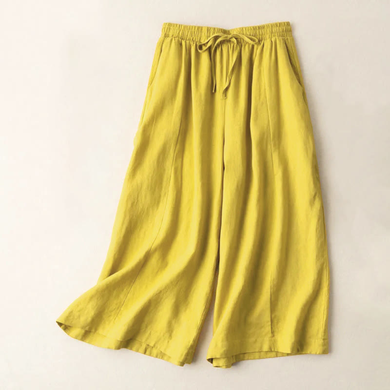 Pantalones capri de algodón y lino para mujer, de pierna ancha y bolsillos , de Buddha Stones, color liso, longitud 7-8 - Oro - US12, UK/AU16, EU44 (3XL) - image 1