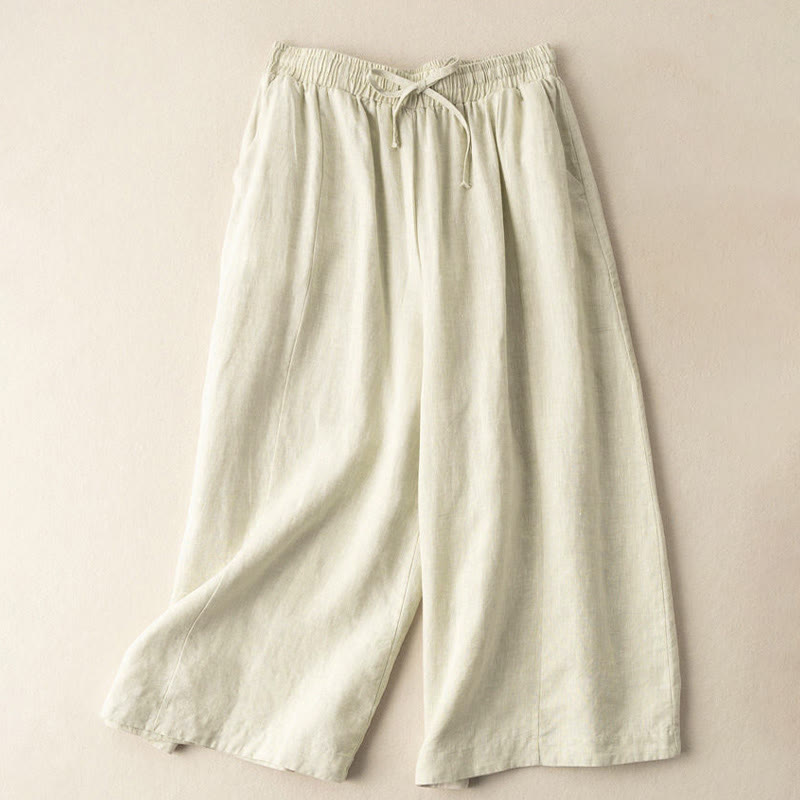 Pantalones capri de algodón y lino para mujer, de pierna ancha y bolsillos , de Buddha Stones, color liso, longitud 7-8 - image 24