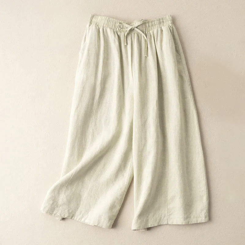 Pantalones capri de algodón y lino para mujer, de pierna ancha y bolsillos , de Buddha Stones, color liso, longitud 7-8 - Beige - US12, UK/AU16, EU44 (3XL) - image 23