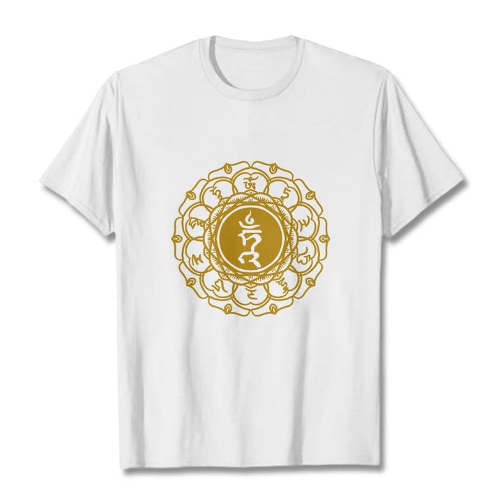 Camiseta de algodón con estampado de Vishuddha y símbolo de zumbido de Buddha Stones - Blanco - 2XL - image 1