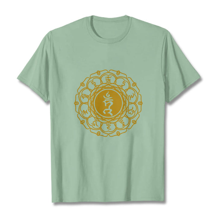 Camiseta de algodón con estampado de Vishuddha y símbolo de zumbido de Buddha Stones - Verde pálido - 2XL - image 15
