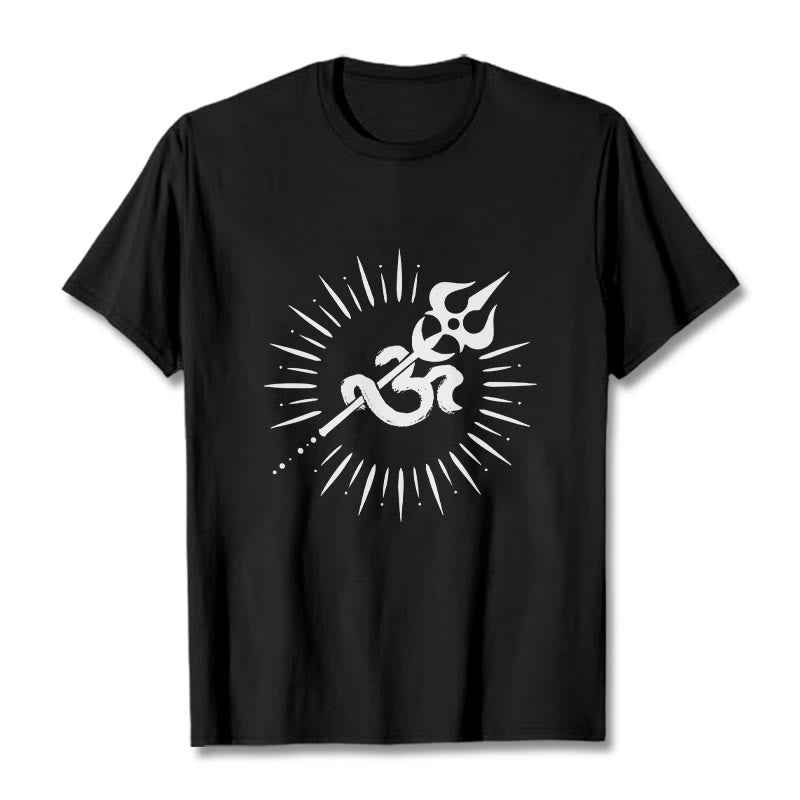 Camiseta informal de algodón con diseño de líneas radiantes y símbolo Om de Buddha Stones y tridente - Negro - 2XL - image 1