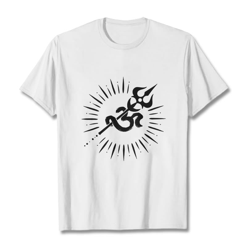 Camiseta informal de algodón con diseño de líneas radiantes y símbolo Om de Buddha Stones y tridente - Blanco - 2XL - image 6