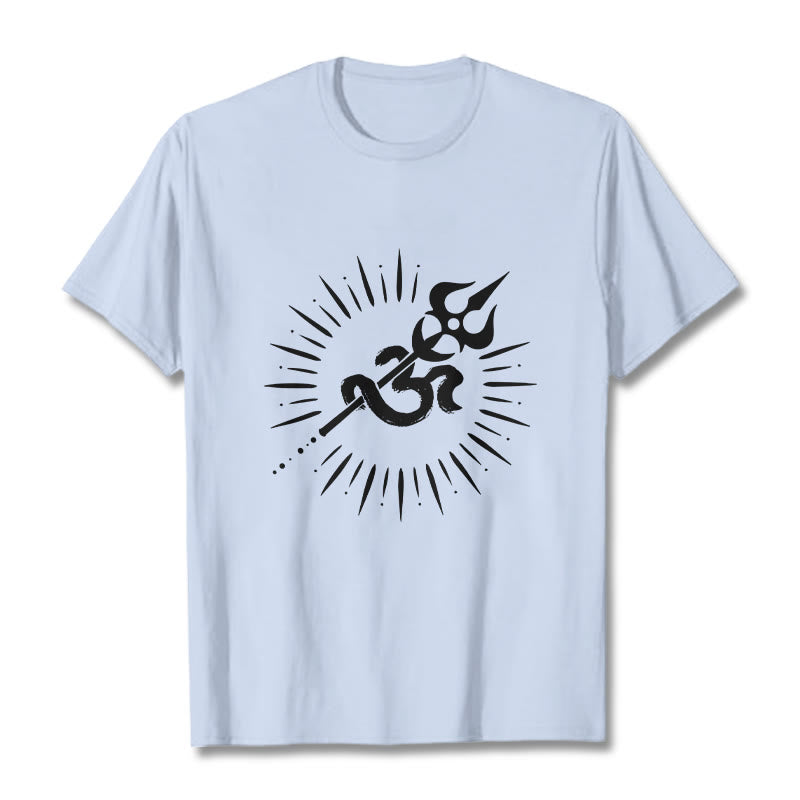 Camiseta informal de algodón con diseño de líneas radiantes y símbolo Om de Buddha Stones y tridente - Cian claro - 2XL - image 19