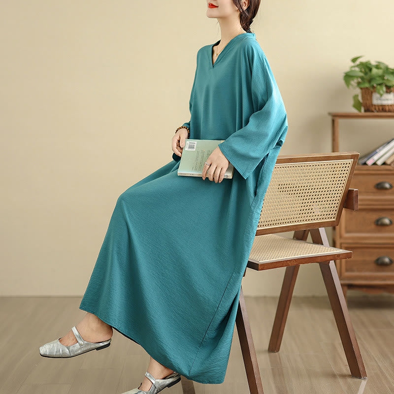 Vestido largo de algodón y lino de manga larga, estilo retro informal, color liso, con estampado de Buddha Stones y bolsillos. - image 19