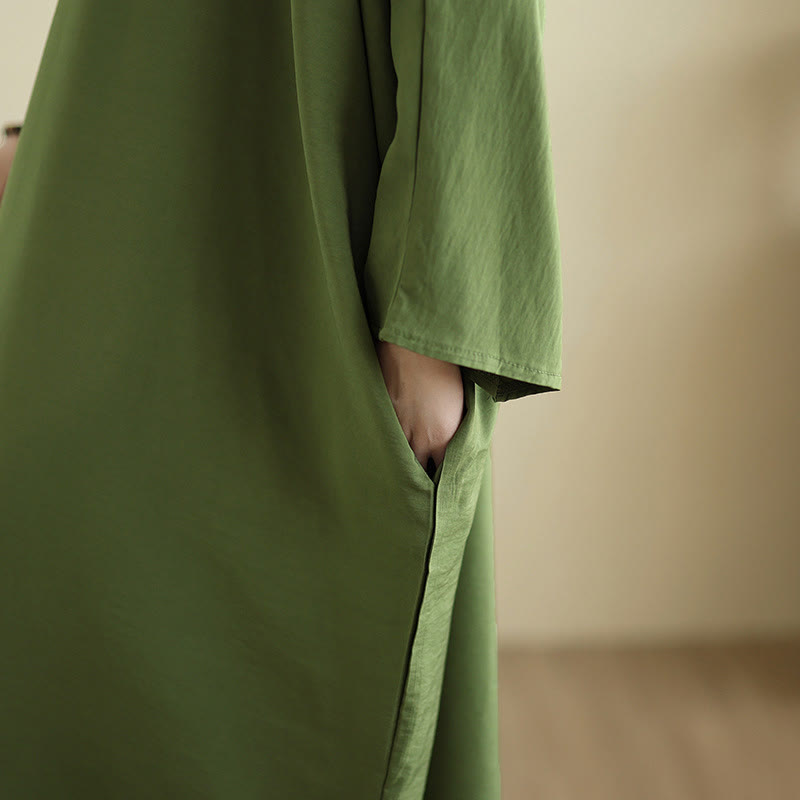 Vestido largo de lino y algodón de manga larga, estilo retro, informal, de color liso, con bolsillos y estampado de Buddha Stones - image 9