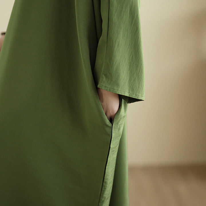 Vestido largo de lino y algodón de manga larga, estilo retro, informal, de color liso, con bolsillos y estampado de Buddha Stones - image 9