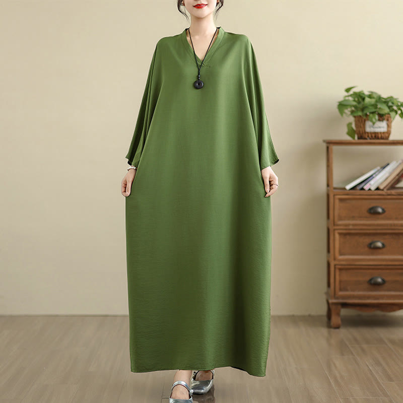 Vestido largo de algodón y lino de manga larga, estilo retro informal, color liso, con estampado de Buddha Stones y bolsillos. - image 2