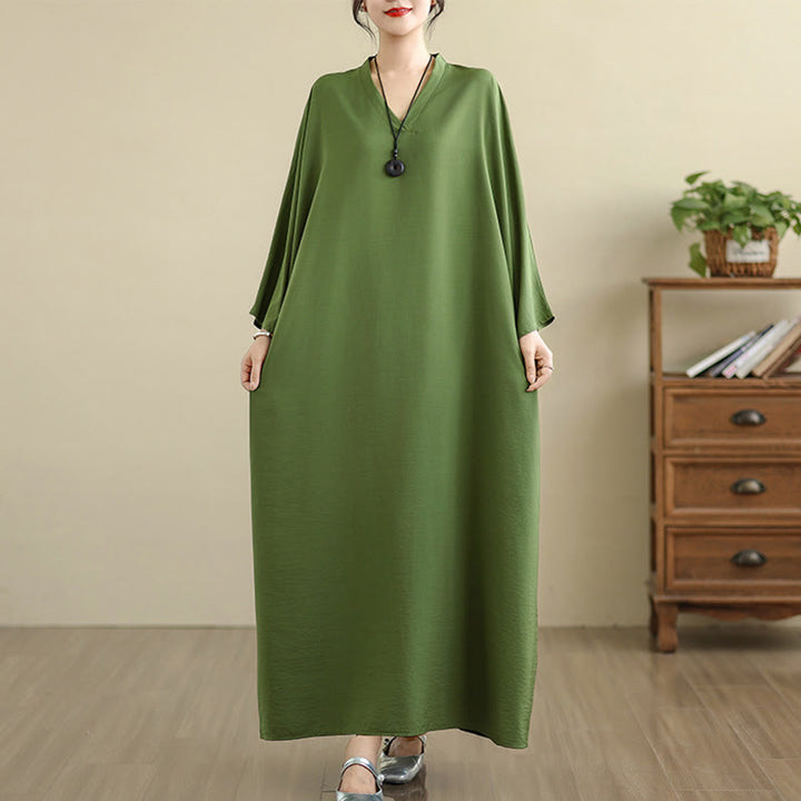 Vestido largo de algodón y lino de manga larga, estilo retro informal, color liso, con estampado de Buddha Stones y bolsillos. - image 2