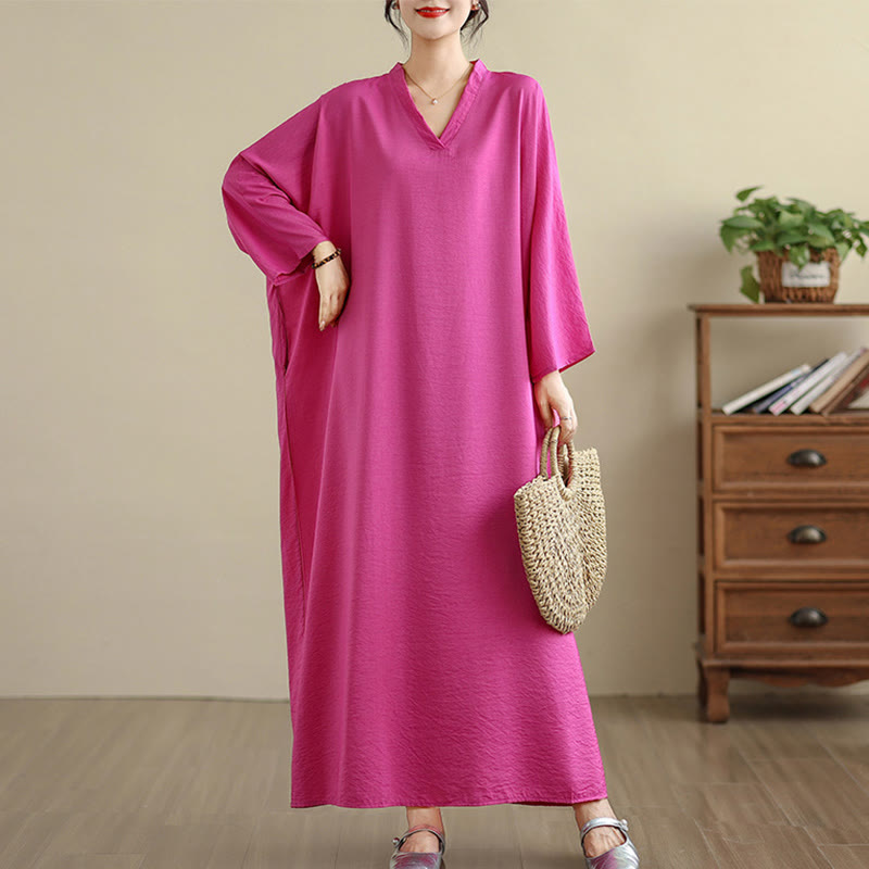 Vestido largo de algodón y lino de manga larga, estilo retro informal, color liso, con estampado de Buddha Stones y bolsillos. - Rosa intenso - US4-12, UK/AU8-18, EU36-46(F) - image 25