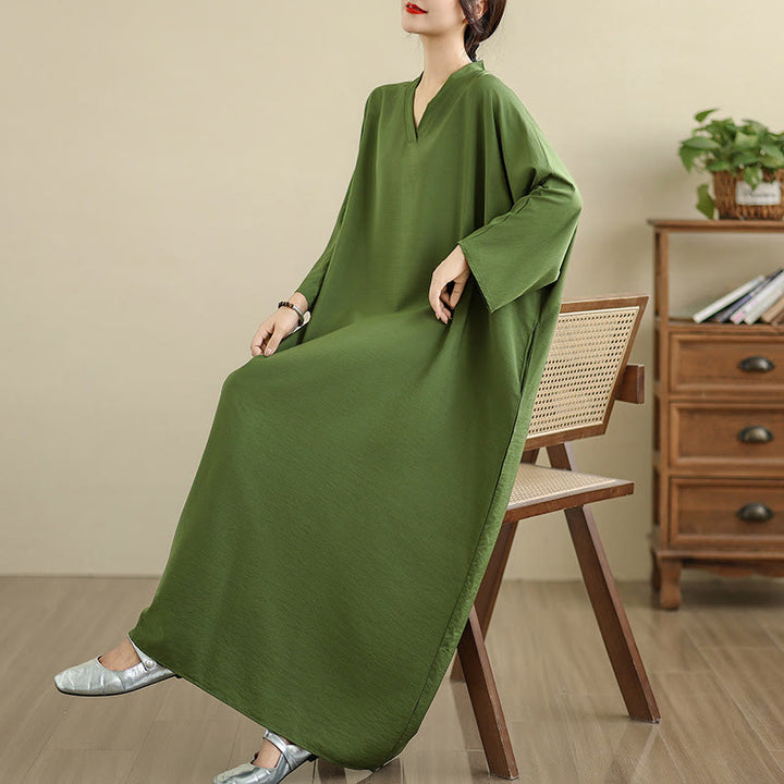 Vestido largo de algodón y lino de manga larga, estilo retro informal, color liso, con estampado de Buddha Stones y bolsillos. - image 7