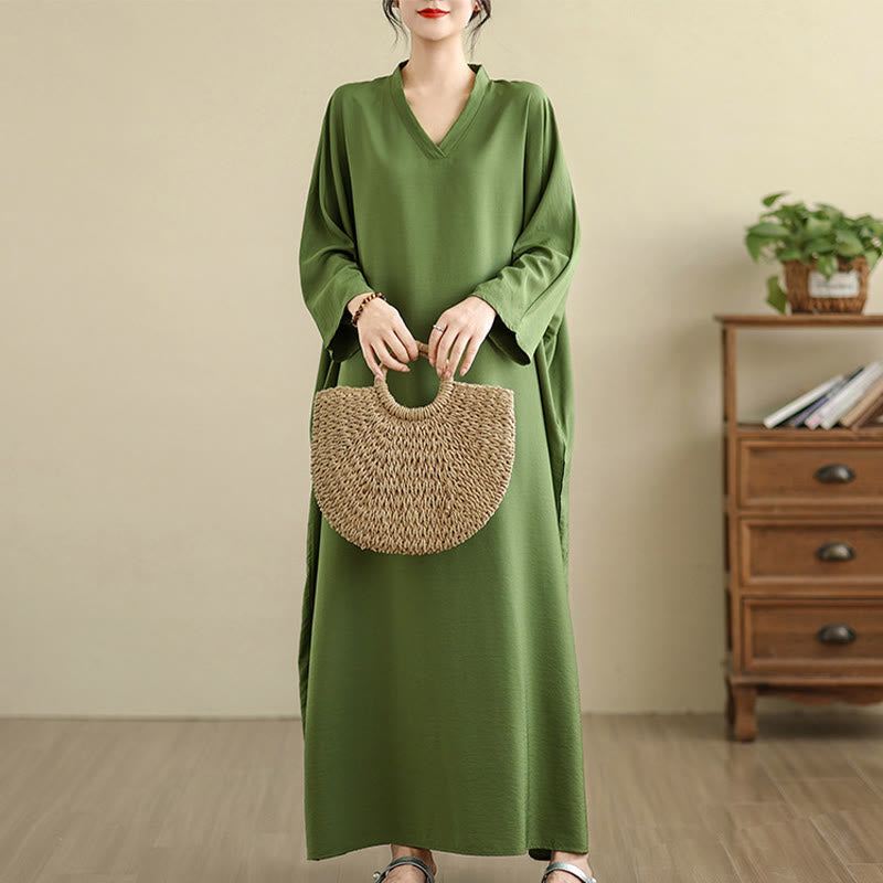 Vestido largo de algodón y lino de manga larga, estilo retro informal, color liso, con estampado de Buddha Stones y bolsillos. - Verde oliva - US4-12, UK/AU8-18, EU36-46(F) - image 0