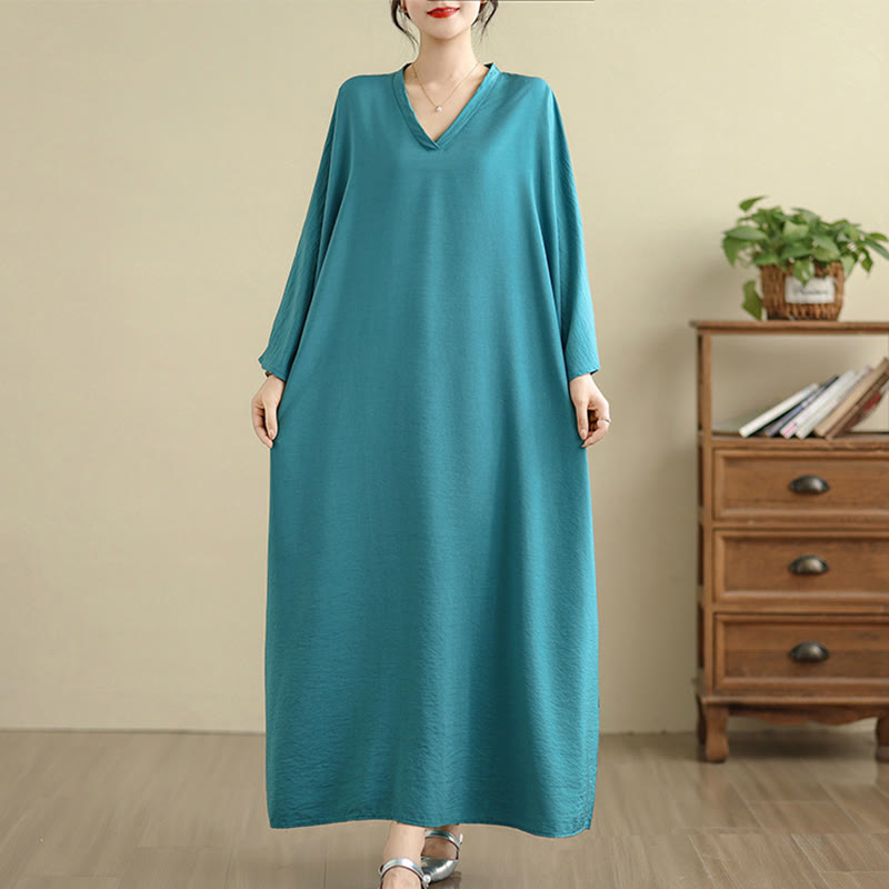 Vestido largo de algodón y lino de manga larga, estilo retro informal, color liso, con estampado de Buddha Stones y bolsillos. - image 14