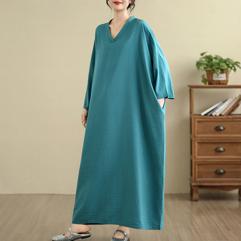 Vestido largo de lino y algodón de manga larga, estilo retro, informal, de color liso, con bolsillos y estampado de Buddha Stones - image 16