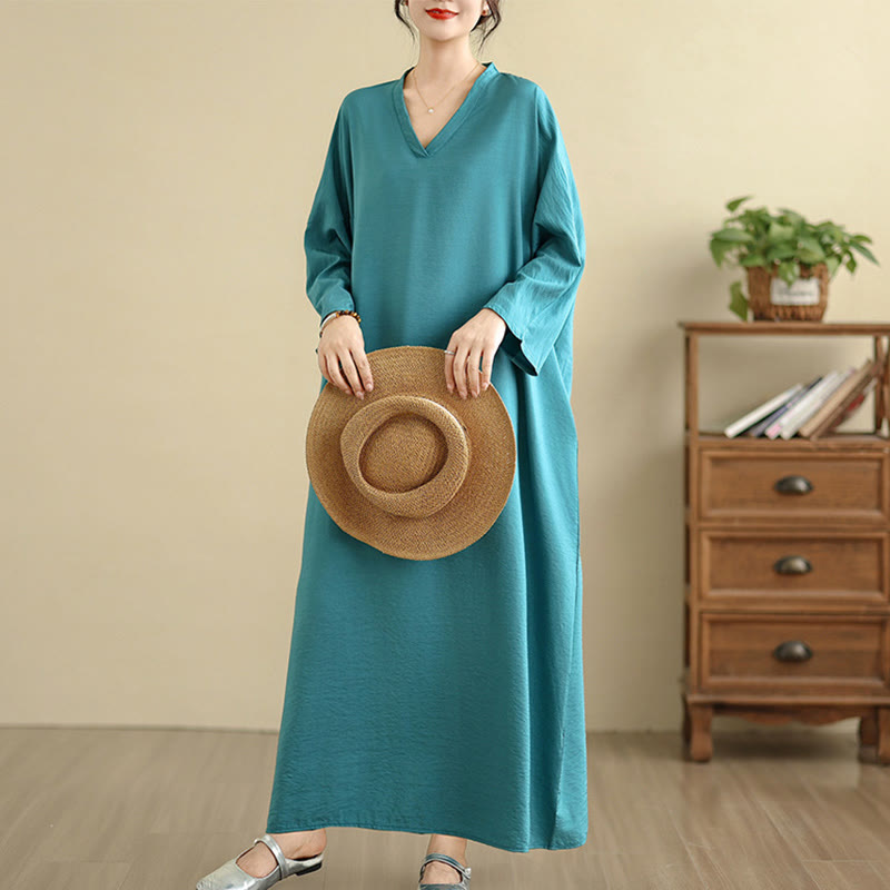 Vestido largo de algodón y lino de manga larga, estilo retro informal, color liso, con estampado de Buddha Stones y bolsillos. - image 18