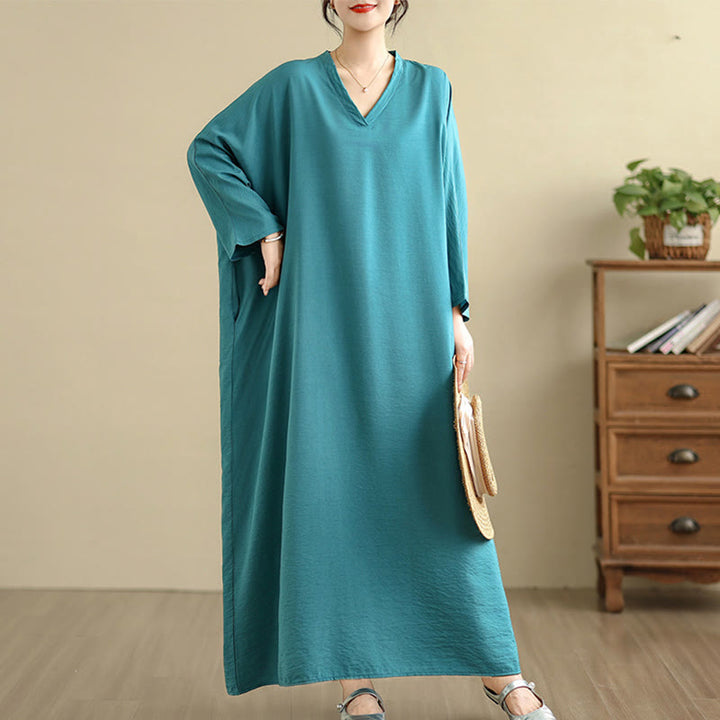 Vestido largo de lino y algodón de manga larga, estilo retro, informal, de color liso, con bolsillos y estampado de Buddha Stones - image 17