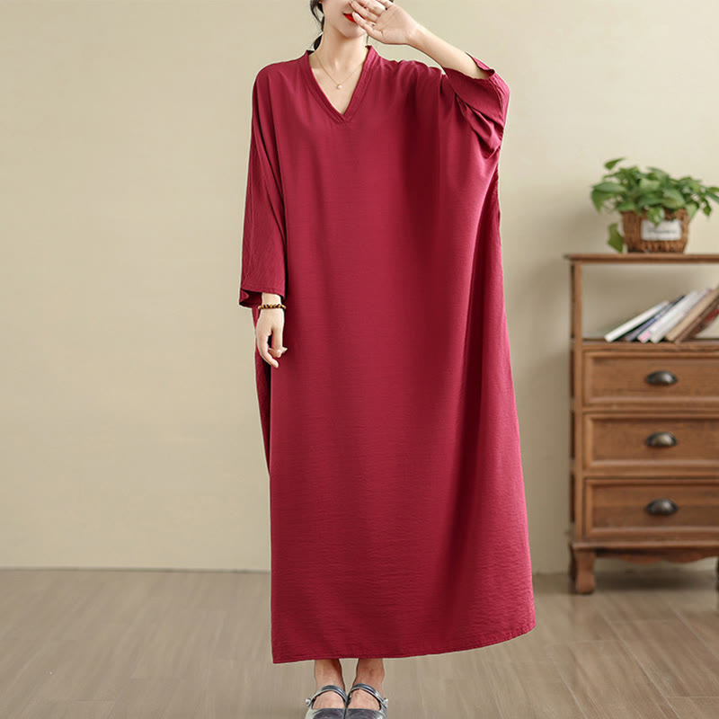 Vestido largo de algodón y lino de manga larga, estilo retro informal, color liso, con estampado de Buddha Stones y bolsillos. - Carmesí - US4-12, UK/AU8-18, EU36-46(F) - image 30